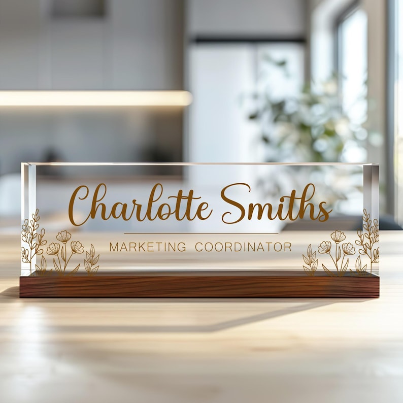 Personalized Desk Name Acrylic Plaque, Custom Office Plate with Name and Position, Floral Name Sign Acrylic Plaque, Gift for Graduation