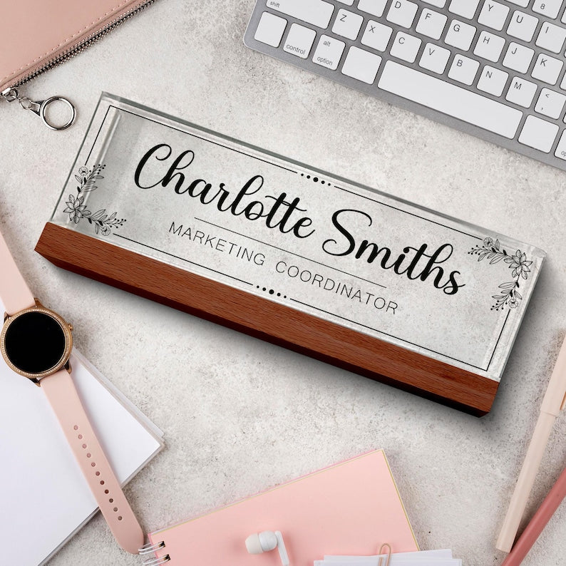 Personalized Desk Name Acrylic Plaque, Custom Office Plate with Name and Position, Floral Name Sign Acrylic Plaque, Gift for Graduation
