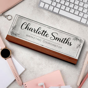 Personalized Desk Name Acrylic Plaque, Custom Office Plate with Name and Position, Floral Name Sign Acrylic Plaque, Gift for Graduation