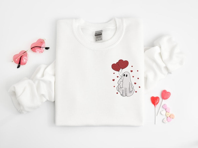 Embroidered Ghost Sweatshirt, Valentine's Day Ghost Embroidered Shirt, Valentine's Day Sweatshirt, Valentine's Day Embroidered Sweatshirt