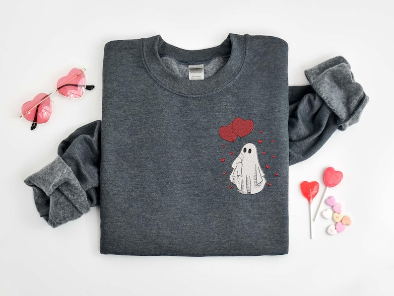 Embroidered Ghost Sweatshirt, Valentine's Day Ghost Embroidered Shirt, Valentine's Day Sweatshirt, Valentine's Day Embroidered Sweatshirt