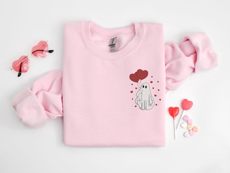 Embroidered Ghost Sweatshirt, Valentine's Day Ghost Embroidered Shirt, Valentine's Day Sweatshirt, Valentine's Day Embroidered Sweatshirt