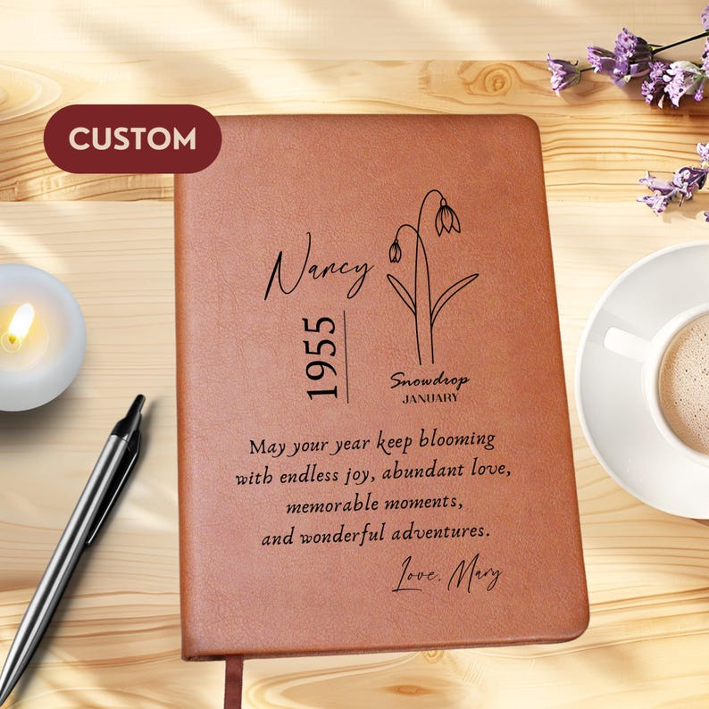 Birthflower Custom Birthday gift for women- 70th Birth Flower Birthday Gift for Friend -Personalized Journal Happy Birthday
