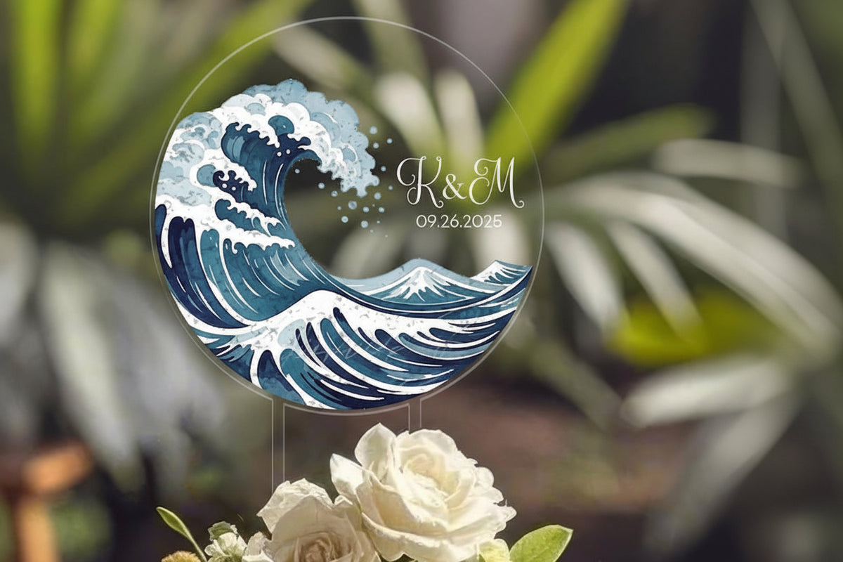 Beach Wedding Cake Topper, Blue Sea Wave Acrylic Cake Sign, Birthday Cake Topper, Engagement Event Decor