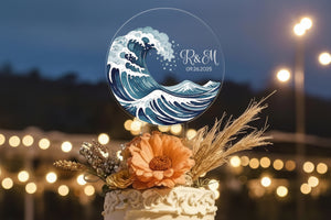 Beach Wedding Cake Topper, Blue Sea Wave Acrylic Cake Sign, Birthday Cake Topper, Engagement Event Decor