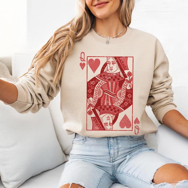 Queen of Hearts Personalized Valentine Custom Sweatshirt Gift Mom - Custom Name Valentine Gift Wife - Galentines Matching Shirt Kids Names