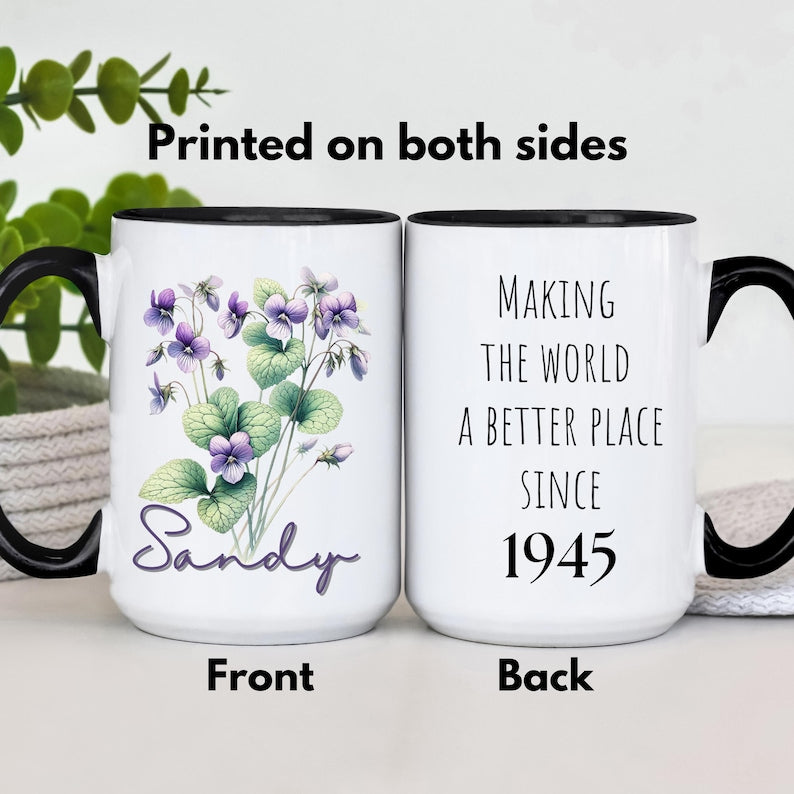80th birthday gifts, happy 80th birthday mug, wildflowers custom mug, 1945 mug, floral mug, birthday gift for her, 80th birthday mug