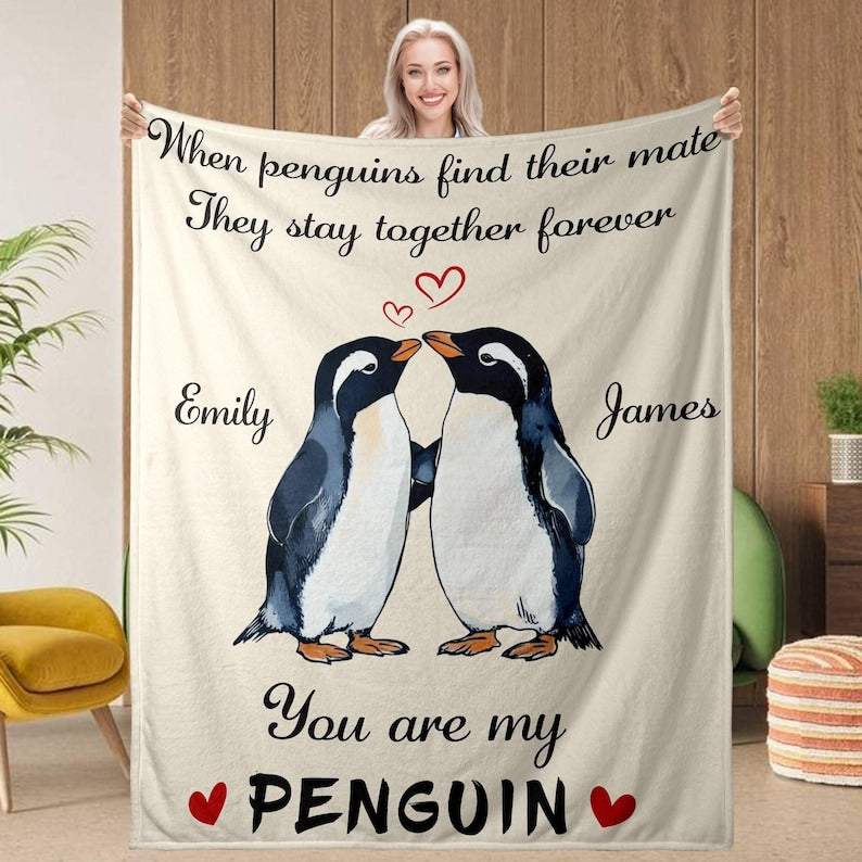 Love You Gifts for Him Her Custom Name You are My Penguin Couple Blanket Romantic Wedding Anniversary Birthday Gift for Boyfriend Girlfriend