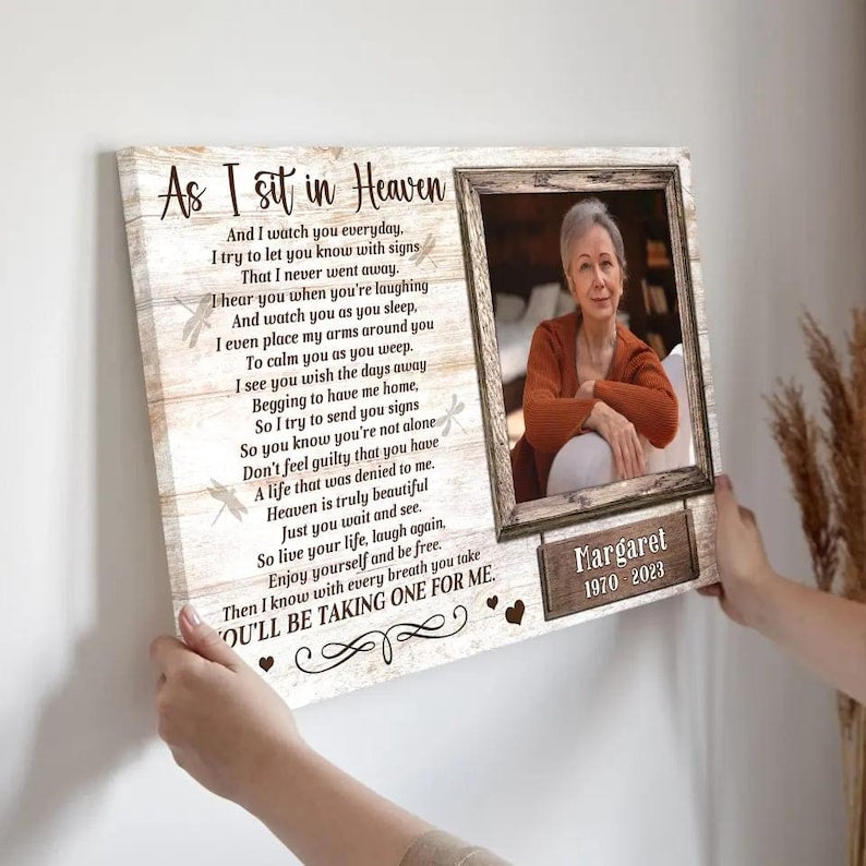 Personalized Photo Memorial Canvas, Memorial Gifts, Sympathy Gifts For Loss | As I Sit In Heaven | In Memory of Loved One Gifts Dem Canvas