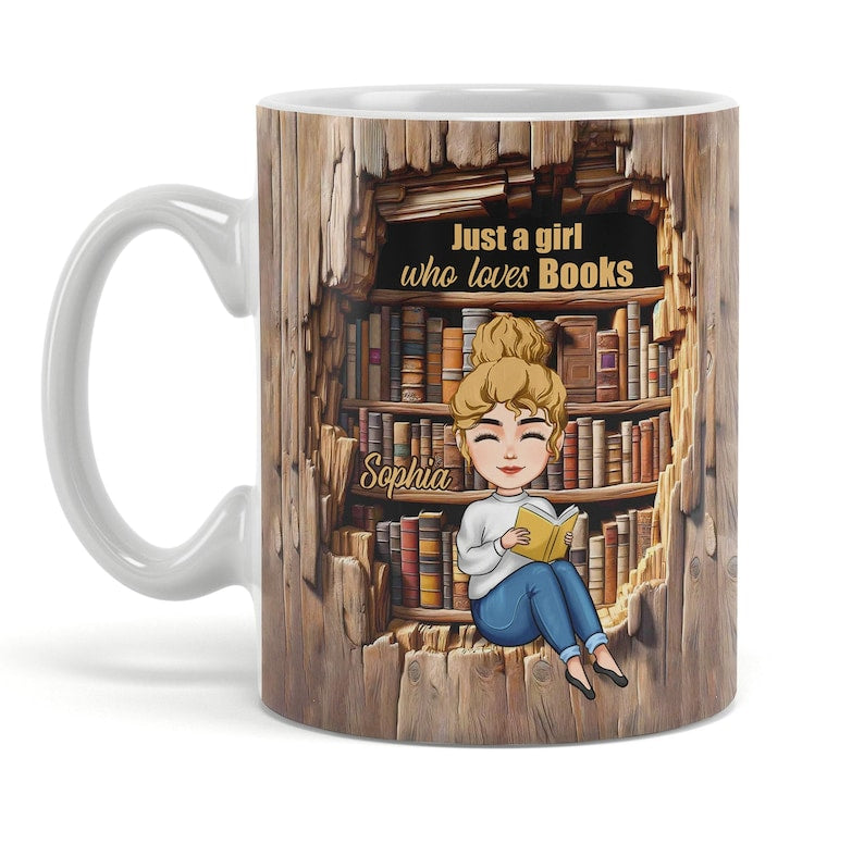 Book Lover Gifts For Women, Just A Girl Who Loves Book, Bookshelf Mug, Book Mug, Book Gifts, Gifts For Book Lovers, Custom Book Coffee Mug