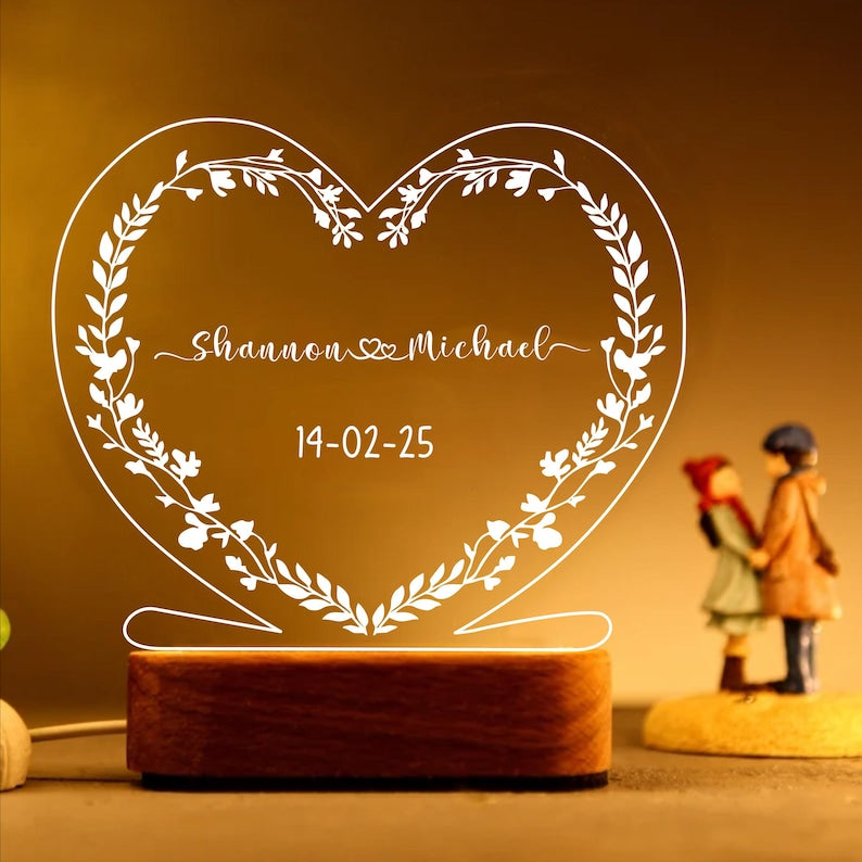 Personalised FLORAL HEARTS Night Light - Great Gift for Valentine's - Anniversary Gift - Best Gift For Couples - Wedding Gift