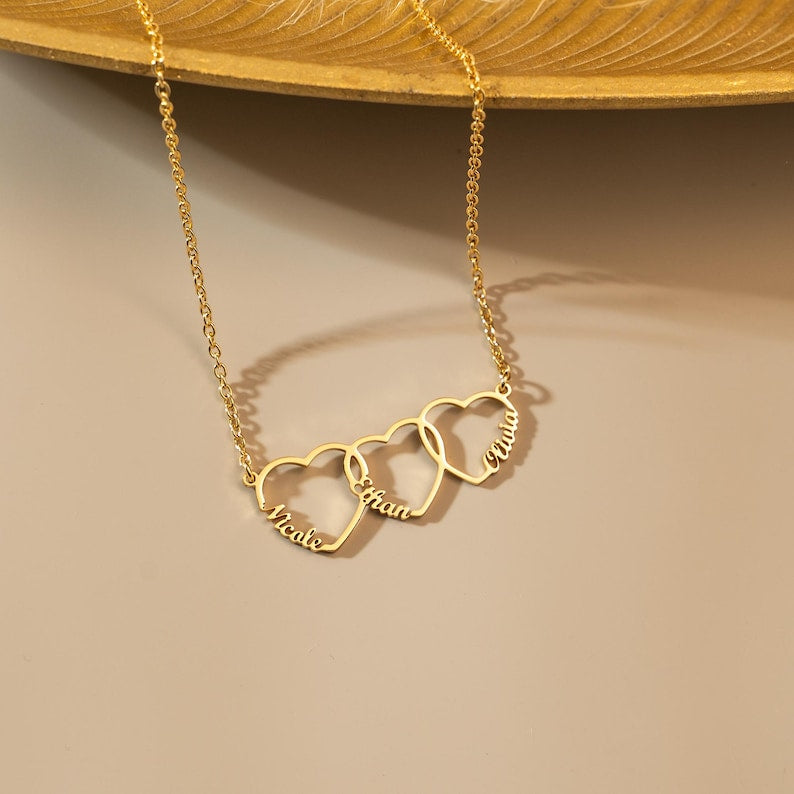 Family Name Necklace with Heart, Multiple Hearts Necklace, Kids Names Jewelry for Mom