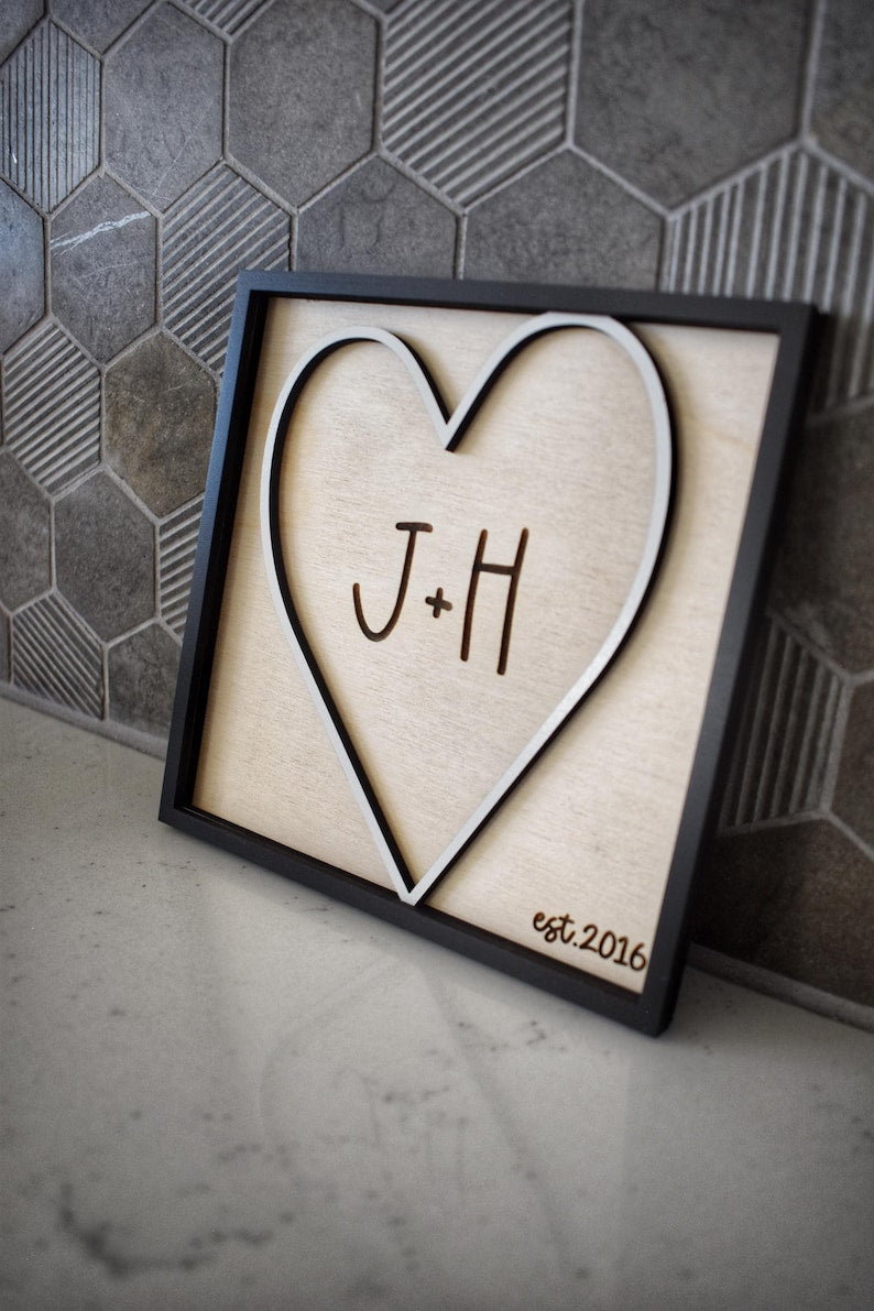 Personalized Dimensional Heart Sign Custom Initials & Est. Year Romantic Valentine s Day Gift for Couples Handmade Keepsake