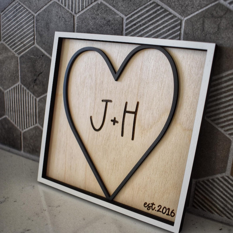 Personalized Dimensional Heart Sign Custom Initials & Est. Year Romantic Valentine s Day Gift for Couples Handmade Keepsake