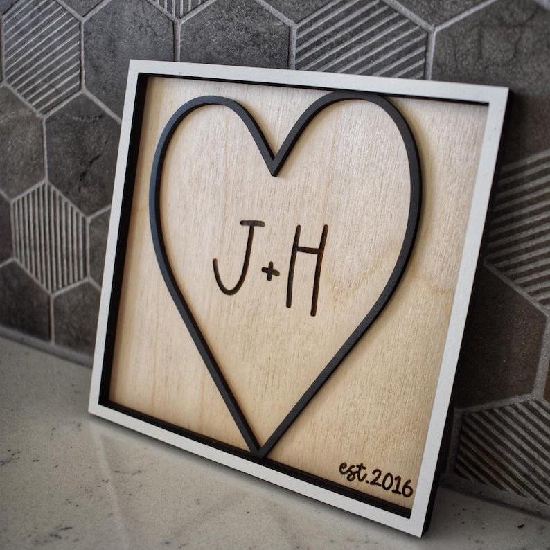 Personalized Dimensional Heart Sign Custom Initials & Est. Year Romantic Valentine s Day Gift for Couples Handmade Keepsake
