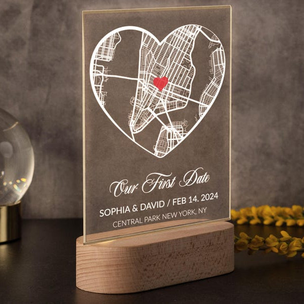 Custom Couple Map Night Light, Personalized Gifts for Her, Custom Our First Date Acrylic Plaque, Where It All Began Location Plaque