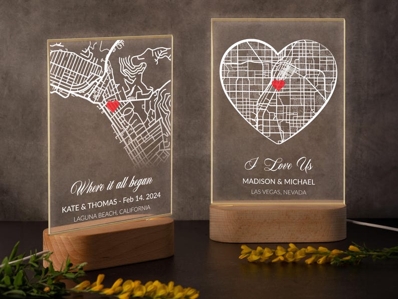 Custom Couple Map Night Light, Personalized Gifts for Her, Custom Our First Date Acrylic Plaque, Where It All Began Location Plaque