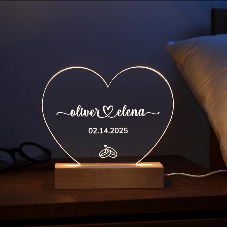 Custom Night Light as Valentines Day Gift, Heart Shape Personalized Night Light, Anniversary Gifts for Him or Her, Romantic Engagement Gift