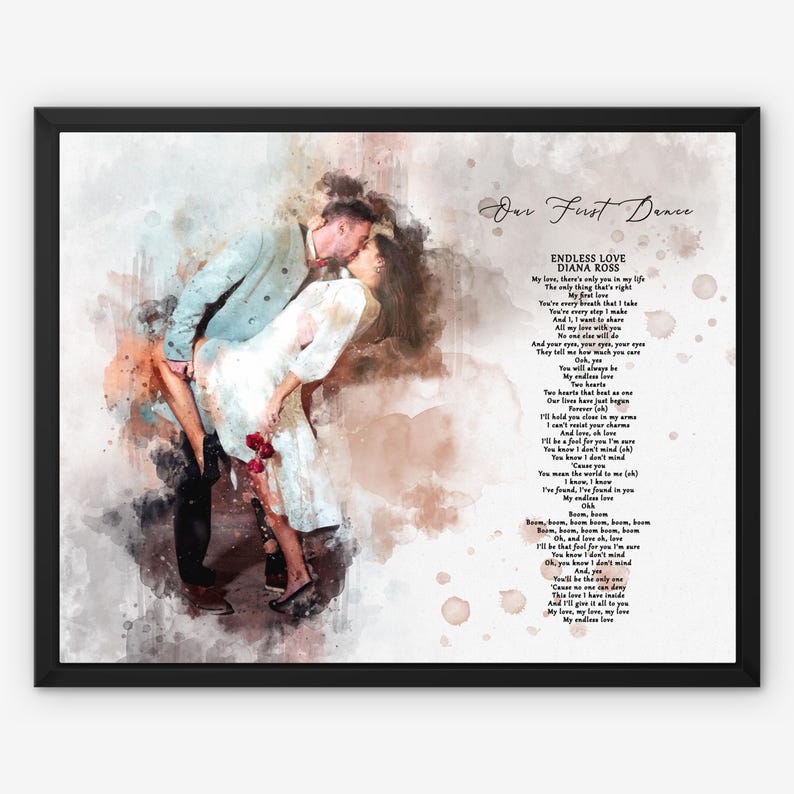 Custom Watercolor Song Portrait from Photo, Wedding Gift, Personalized First Dance Illustration, 1st Anniversary Gift, Framed Canvas Print