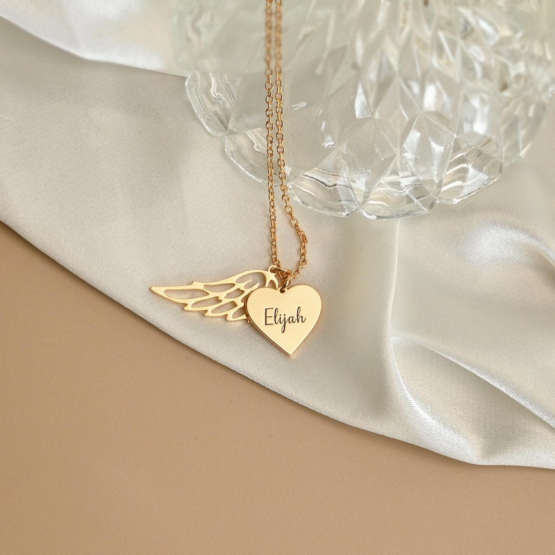 Heart Pendant Name Necklace with Angel Wing, Engraved Name Wing Necklace, Memorial Necklace, Sympathy Gift, Keepsake Gift, Mothers Day Gift