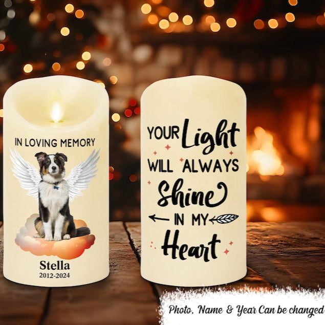 Custom Photo Dog Cat Memorial Your Light Will Always Shine In My Heart, Personalized Flameless LED Candle, In Loving Memory, Pet Loss Gift