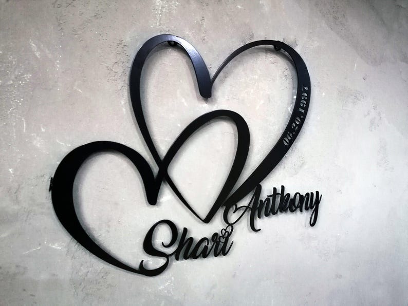 Personalized Wedding Gift for Couple, Metal Heart Sign with Name and Date, Wedding Date Sign, Engagement Announcement Sign, Anniversary Gift