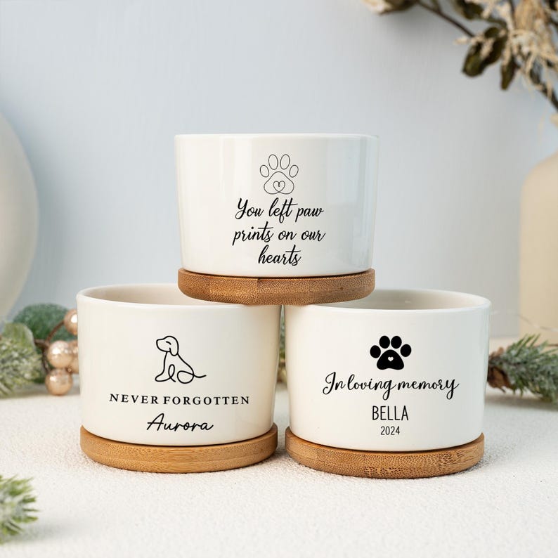 Personalized Dog Memorial Gift Planter,Pet Memorial Gift Plant Pot,Custom Flower Pot with Bamboo Tray,Loss of Dog,Never Forgotten Plant Pot