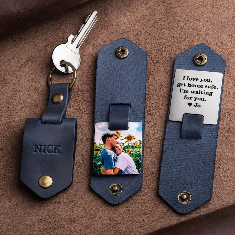 Men accessory - Leather keychain with photo, 1st anniversary gift for boyfriend, anniversary gift ideas for men, unique photo gift for him