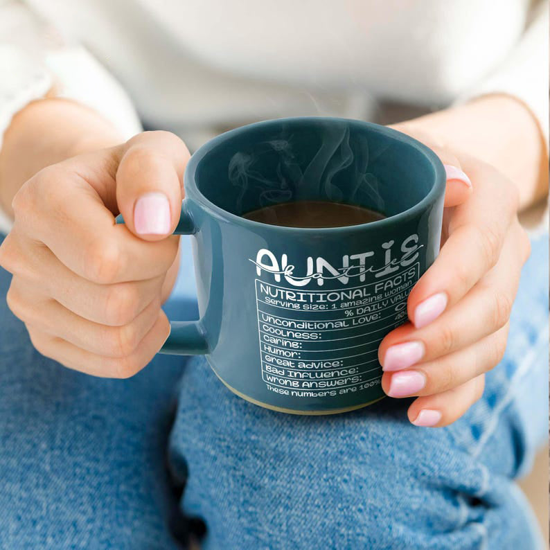 Personalized Auntie Nutrition Facts Printed Pottery Mug, Aunt Mug, Gifts for Auntie, New Aunt Gifts, Pregnancy Announcement Cup, Baby Reveal
