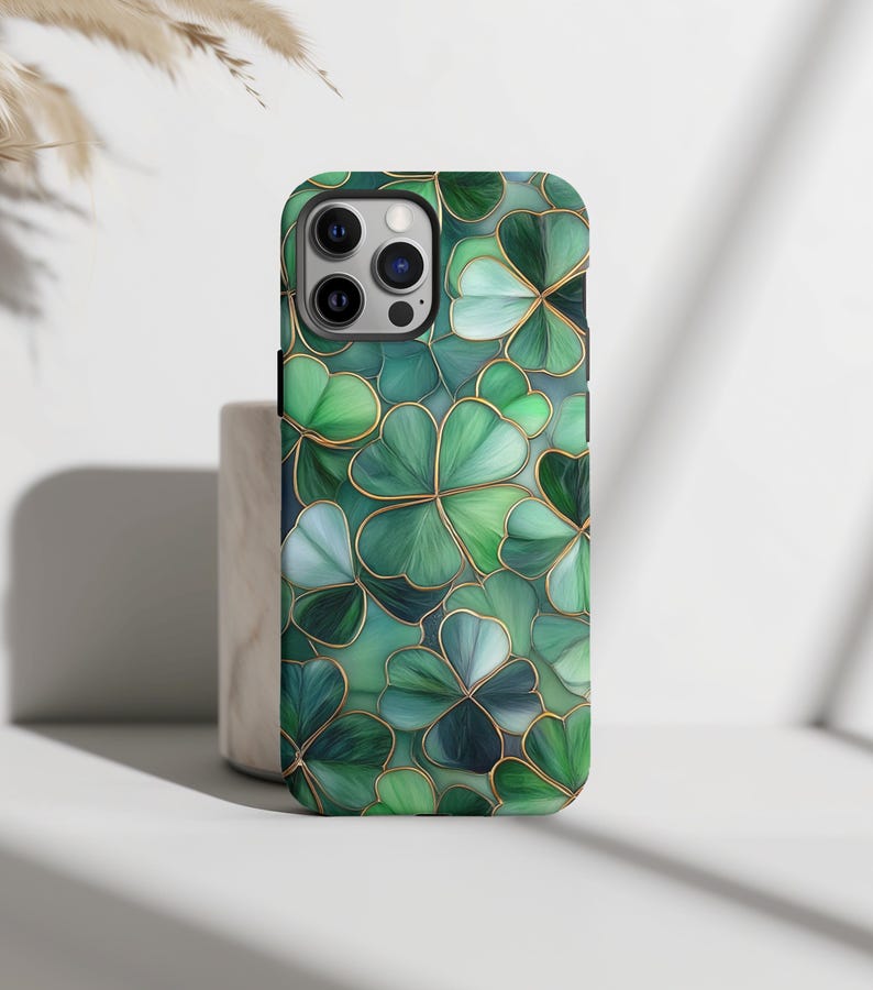 Stained Glass Shamrock, Shamrock phone case, Irish cover, iPhone 16 pro max, Irish Gift, Irish Ornament, Shamrock Gift