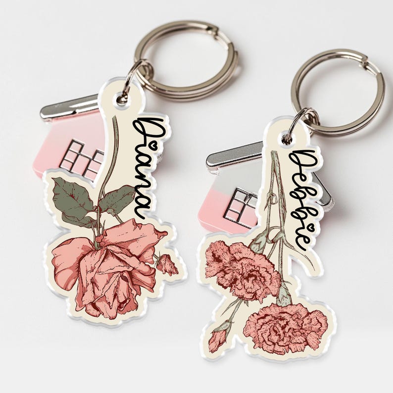 Personalized Birth Flower Keychain, Custom Birthday Gift For Besties, Birthmonth Flower Acrylic Keyring, Gift For Best Friend, Gift For Mom
