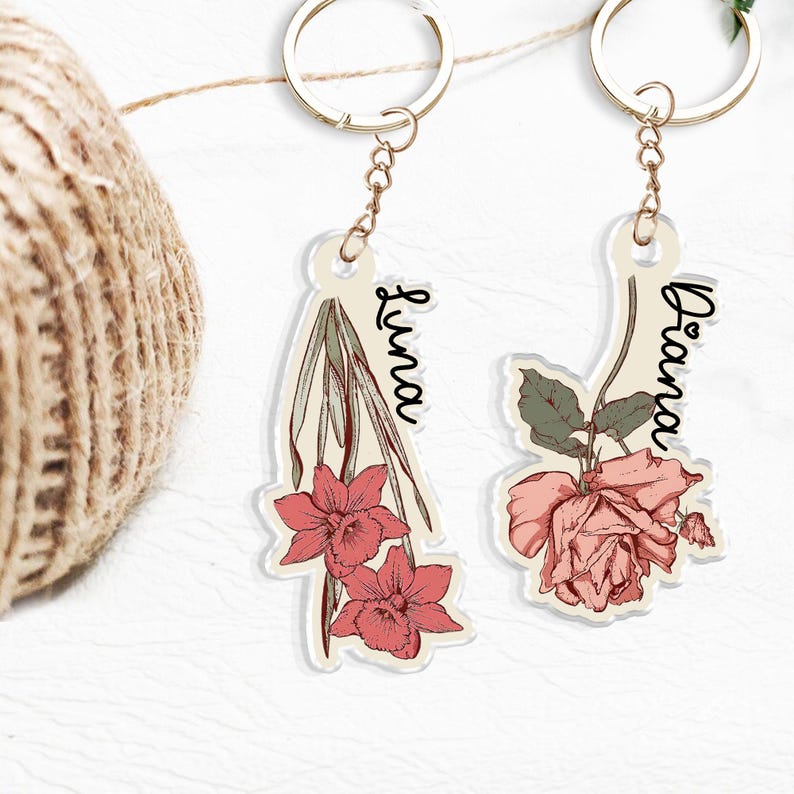 Personalized Birth Flower Keychain, Custom Birthday Gift For Besties, Birthmonth Flower Acrylic Keyring, Gift For Best Friend, Gift For Mom