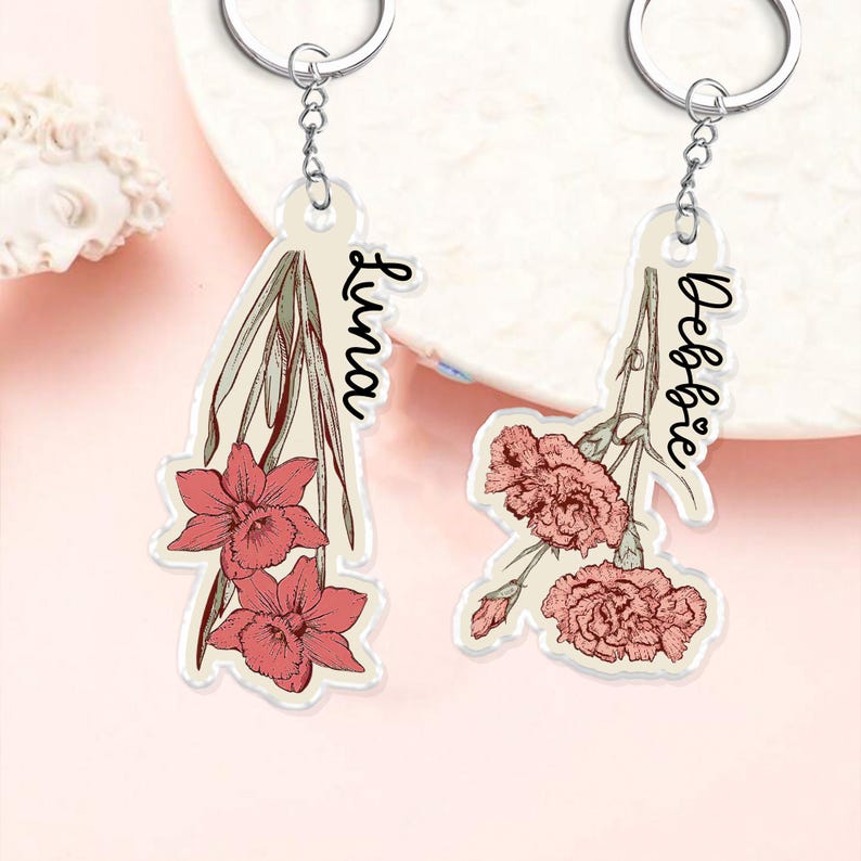 Personalized Birth Flower Keychain, Custom Birthday Gift For Besties, Birthmonth Flower Acrylic Keyring, Gift For Best Friend, Gift For Mom