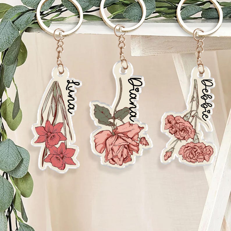 Personalized Birth Flower Keychain, Custom Birthday Gift For Besties, Birthmonth Flower Acrylic Keyring, Gift For Best Friend, Gift For Mom
