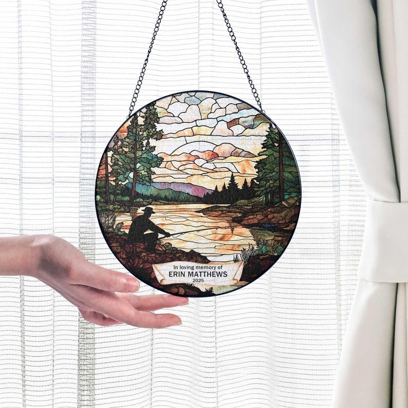Fishing Memorial Suncatcher, Gone Fishing in Heaven Window Hanging, Memorial Gift for Fisherman, Loss Of Dad/ Grandpa, Memorial Home Decor