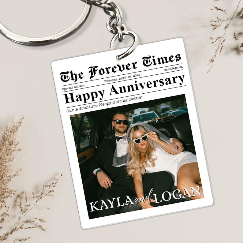 Custom Photo Keychain, Couple Keychain, Valentine Keychain, Couple Newspaper Keychain, Valentines Day Gifts for Him, Anniversary Gift