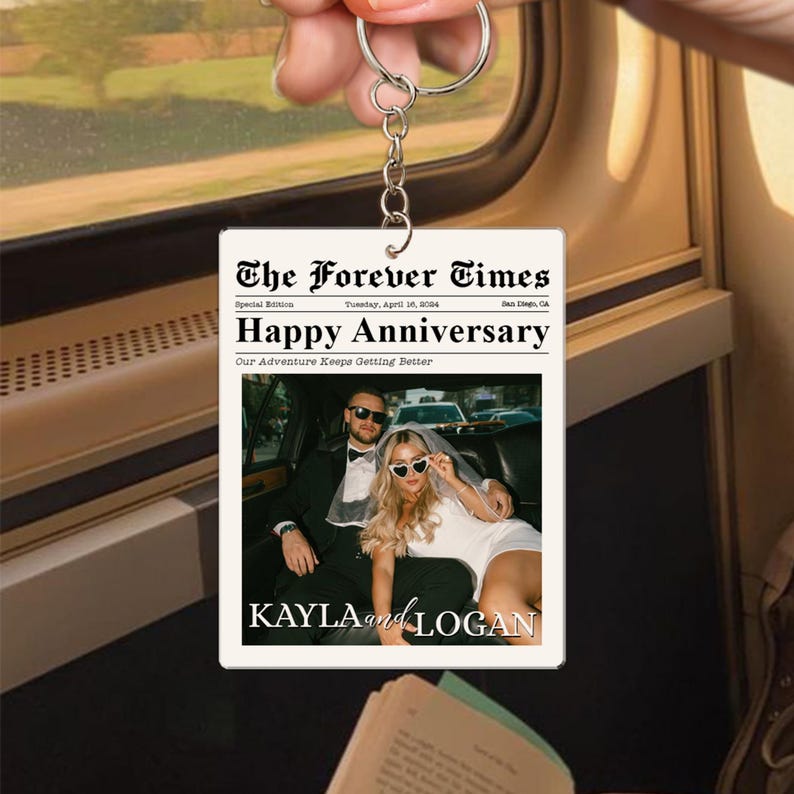Custom Photo Keychain, Couple Keychain, Valentine Keychain, Couple Newspaper Keychain, Valentines Day Gifts for Him, Anniversary Gift