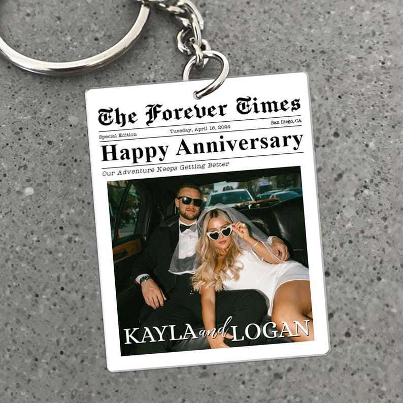 Custom Photo Keychain, Couple Keychain, Valentine Keychain, Couple Newspaper Keychain, Valentines Day Gifts for Him, Anniversary Gift