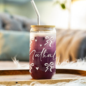 Custom Glass Tumbler Valentine Day, Personalized Glass Cup Galentines Gift, Cute Valentine Coquette Gift Best Friends