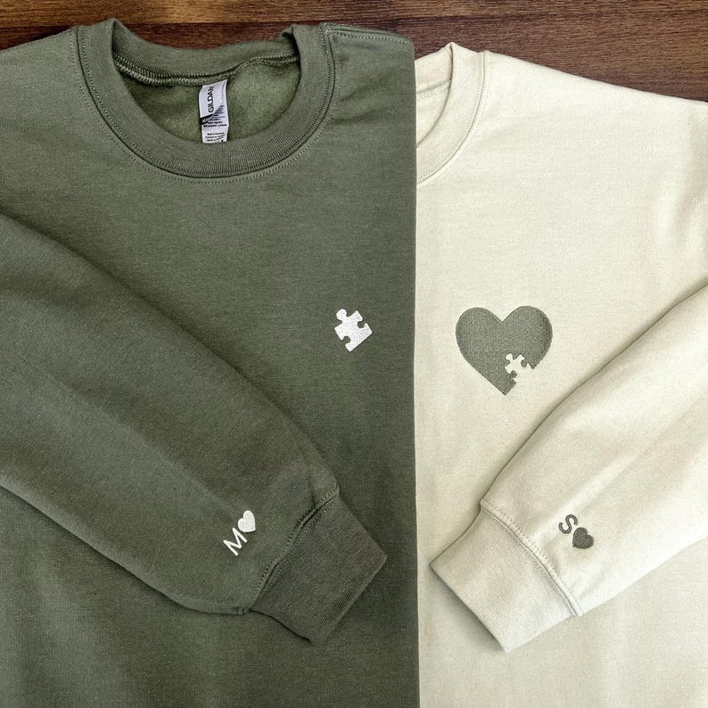Custom Embroidered Heart and Puzzle Piece Sweatshirt, Initial With Heart On Sleeve, Anniversary Gift, Couple Hoodie, Valentines Day Gift