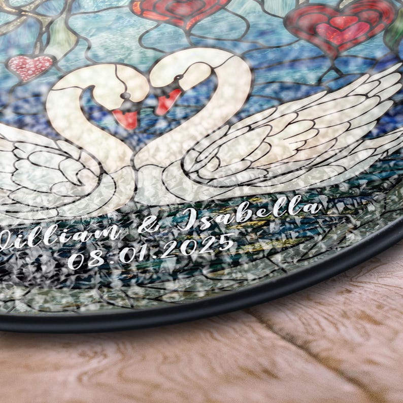 Elegant Swan Couple Stained Glass Panel with Personalized Names and Heart Design, Perfect Valentine's Day, Wedding, or Anniversary Gift