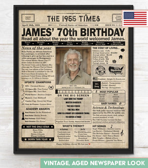 70th Birthday newspaper poster, Born in 1955  Custom Canvas Poster 70th birthday party decor, Birthday poster containing news & highlights from 1955