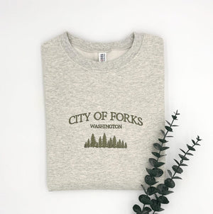 City of Forks Embroidered Sweatshirt | Washington Hoodie | Unisex Crewneck | Forest Embroidery | Twilight-Inspired Gift | Custom Colors il_794xN.6602103251_8o2m.jpg
