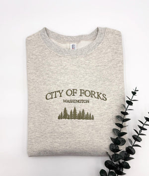 City of Forks Embroidered Sweatshirt | Washington Hoodie | Unisex Crewneck | Forest Embroidery | Twilight-Inspired Gift | Custom Colors il_794xN.6602103325_d14s.jpg