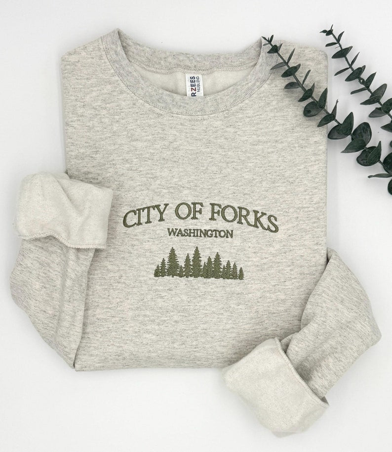 City of Forks Embroidered Sweatshirt | Washington Hoodie | Unisex Crewneck | Forest Embroidery | Twilight-Inspired Gift | Custom Colors il_794xN.6602109399_s6ff.jpg