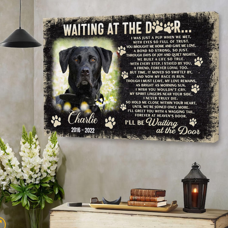 Custom Dog Memorial Canvas - Waiting at the Door, Pet Loss Sympathy Gift, Dog Lover Remembrance Art Canvas