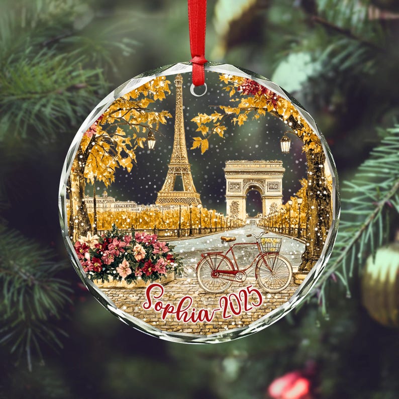 Custom Eiffel Christmas Glass Ornament, Eiffel Tower Ornament, Paris Lover Gifts, France Lover Gifts, Paris Ornament, Paris Travelling Gifts