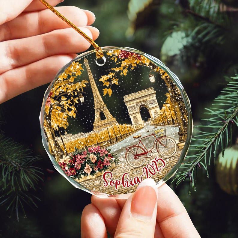 Custom Eiffel Christmas Glass Ornament, Eiffel Tower Ornament, Paris Lover Gifts, France Lover Gifts, Paris Ornament, Paris Travelling Gifts