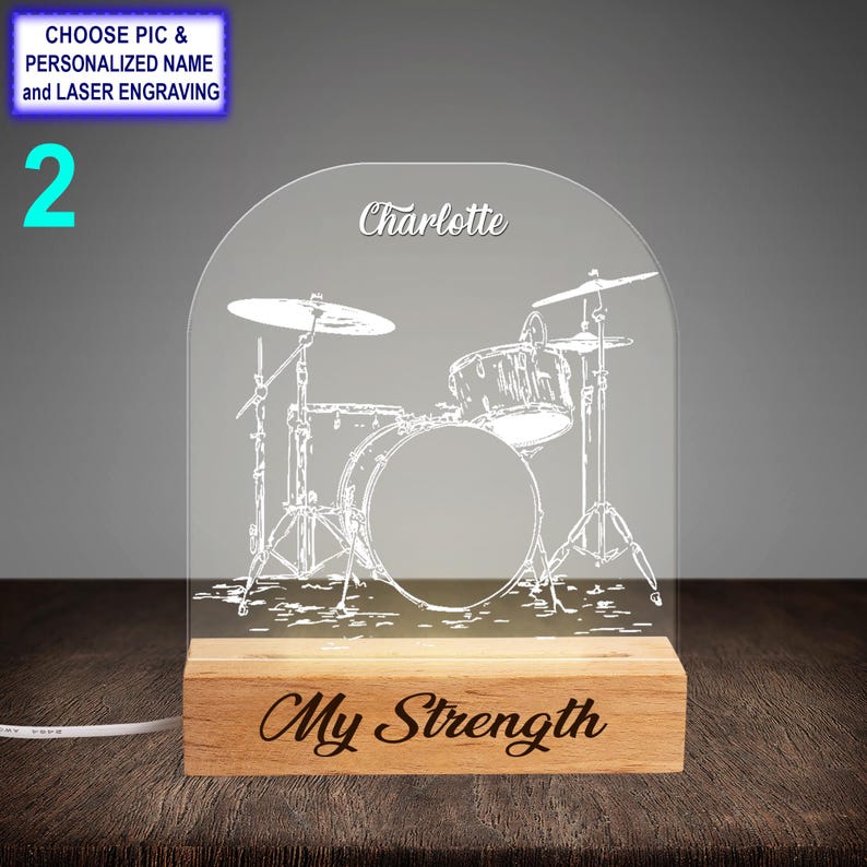 Personalized Drum Set Acrylic Night Light with Name Engraving, Beech Wood LED Lamp, Custom Laser Engraved Night Light Gift