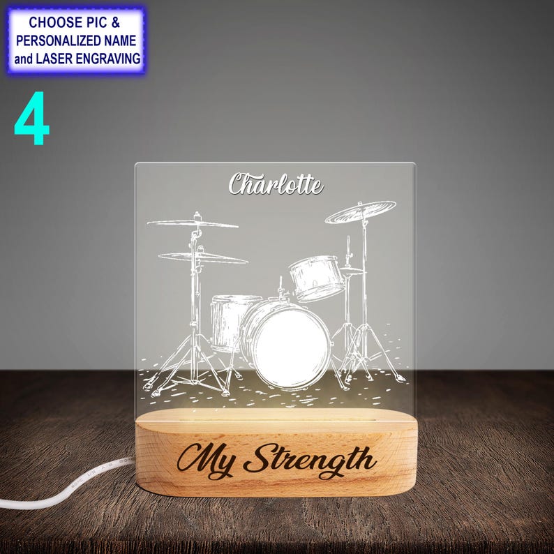 Personalized Drum Set Acrylic Night Light with Name Engraving, Beech Wood LED Lamp, Custom Laser Engraved Night Light Gift